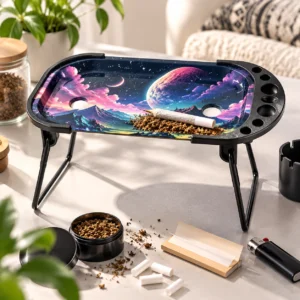 Metal Herb Rolling Tray Table with Foldable Stand Design